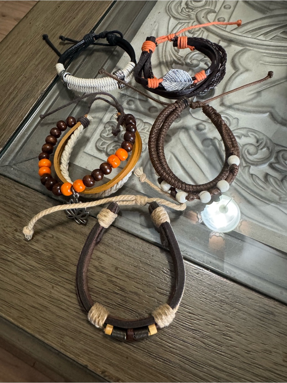 Boho Layered Leather and Bead Bracelet Set - Brown & Orange